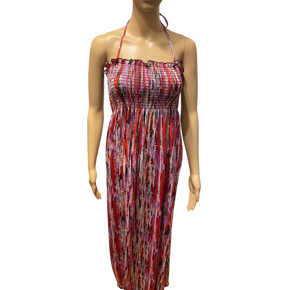 Halter Maxi Dress‎ Smocked Bodice Sleeveless Red Purple Abstract Print
